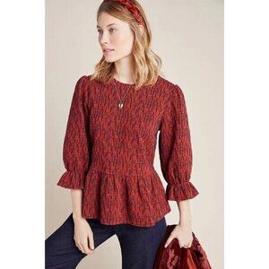 Anthropologie Ro&De Rust Orange/Navy Perette Poet Long-Sleeve Peplum Blouse (L)